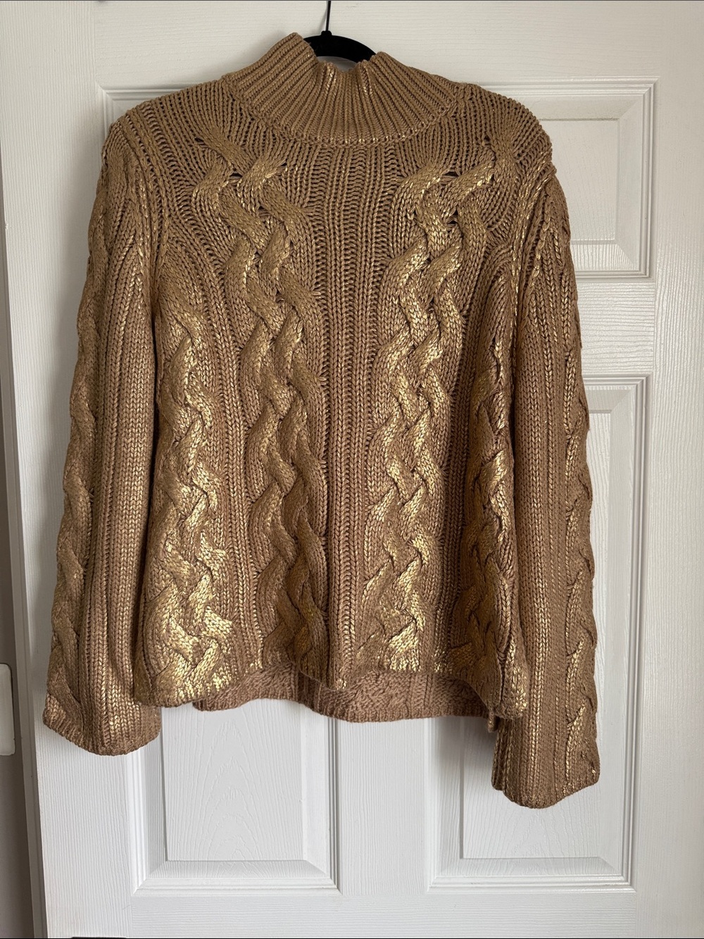 Zara Cable Knit Metallic Accent Turtle Neck Sweater - Brown